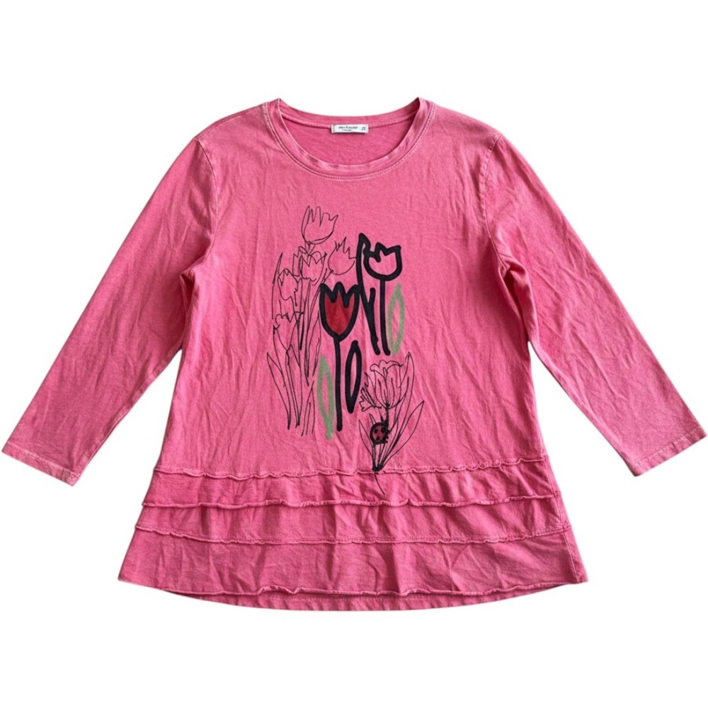 Jess & Jane Tunic Top 1X Pink Floral Ruffle Hem Mineral Wash Lagenlook